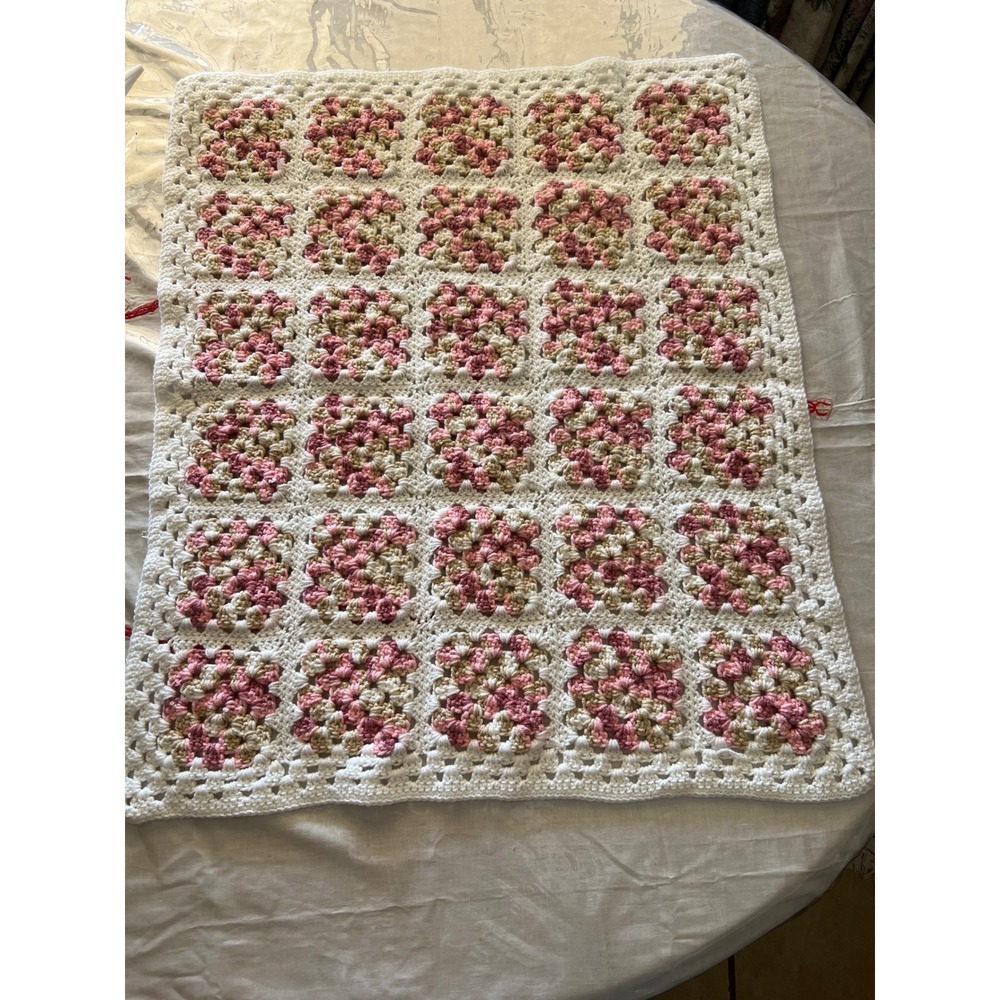 Handmade Crochet Granny Square Blanket Pink Beige White Throw Baby Afghan